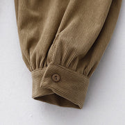 Buddha Stones Casual DarkKhaki Cotton Linen Corduroy Puff Long Sleeve Midi Dress - image 9