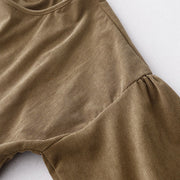 Buddha Stones Tan Solid Color Corduroy Puff Long Sleeve Midi Dress - image 7