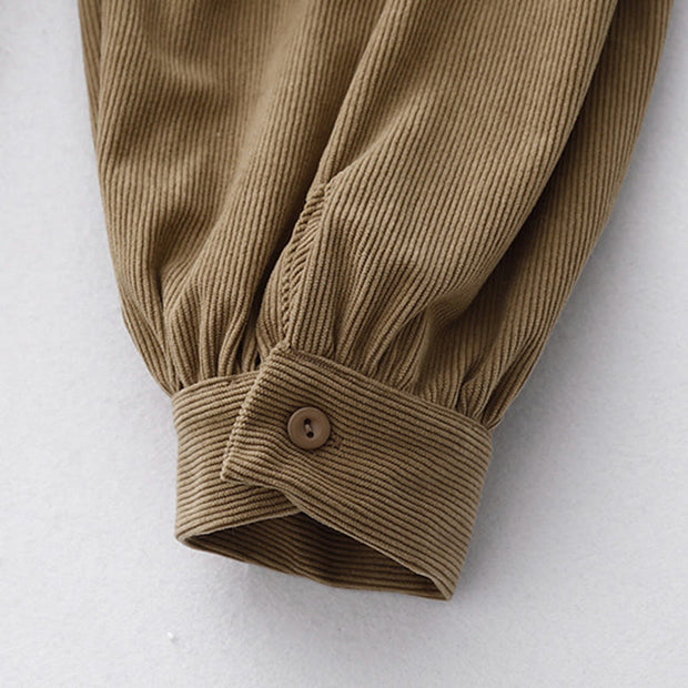 Buddha Stones Casual DarkKhaki Cotton Linen Corduroy Puff Long Sleeve Midi Dress - image 9