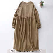Buddha Stones Casual DarkKhaki Cotton Linen Corduroy Puff Long Sleeve Midi Dress - image 2