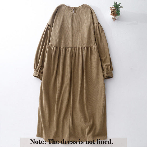 Buddha Stones Casual DarkKhaki Cotton Linen Corduroy Puff Long Sleeve Midi Dress - image 2