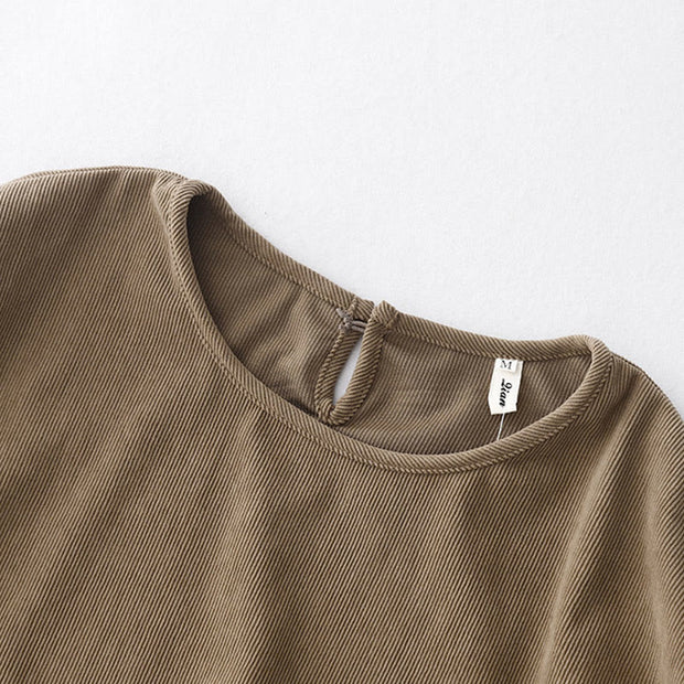 Buddha Stones Casual DarkKhaki Cotton Linen Corduroy Puff Long Sleeve Midi Dress - image 4