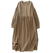 Buddha Stones Casual DarkKhaki Cotton Linen Corduroy Puff Long Sleeve Midi Dress - image 16