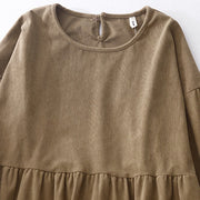 Buddha Stones Casual DarkKhaki Cotton Linen Corduroy Puff Long Sleeve Midi Dress - image 3