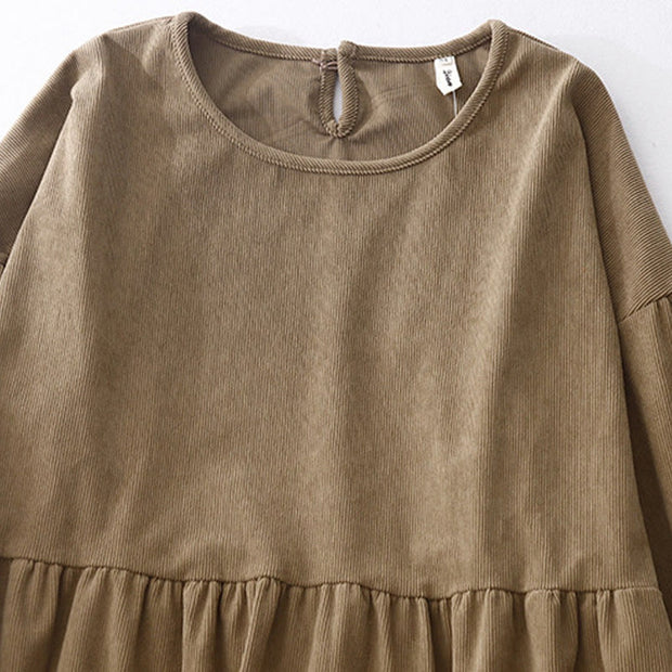 Buddha Stones Casual DarkKhaki Cotton Linen Corduroy Puff Long Sleeve Midi Dress - image 3