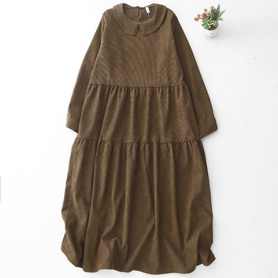 Buddha Stones Button Design Cotton Corduroy Peter Pan Collar Long Sleeve Midi Dress With Pockets - SaddleBrown - US8-10，UK/AU12-14，EU40-42 (2XL) - image 1