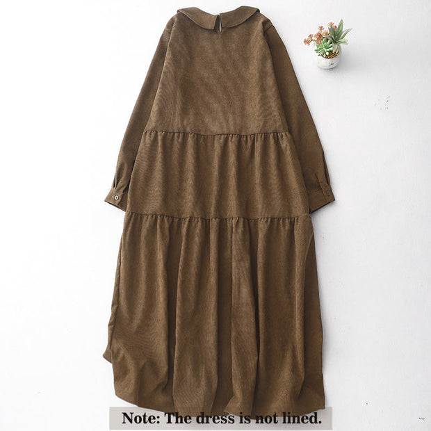 Buddha Stones Button Design Cotton Corduroy Peter Pan Collar Long Sleeve Midi Dress With Pockets - image 2