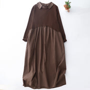 Buddha Stones Spring Plain Lapel Long Sleeve Cotton Linen Midi Dress With Pockets - SaddleBrown - US8-10，UK/AU12-14，EU40-42 (2XL) - image 1