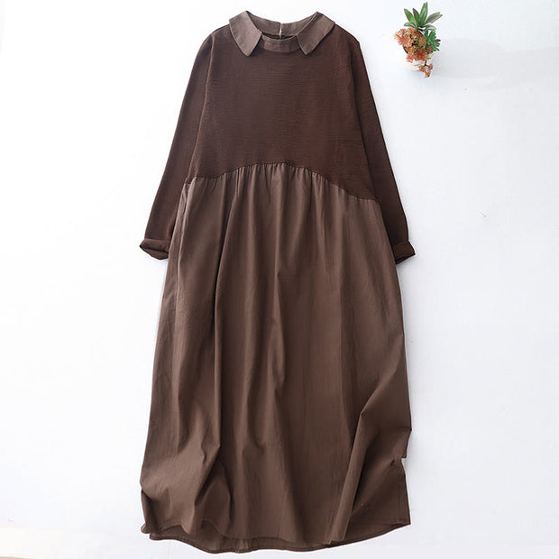 Buddha Stones Spring Plain Lapel Long Sleeve Cotton Linen Midi Dress With Pockets - SaddleBrown - US8-10，UK/AU12-14，EU40-42 (2XL) - image 1
