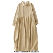 Buddha Stones Spring Plain Lapel Long Sleeve Cotton Linen Midi Dress With Pockets - image 9