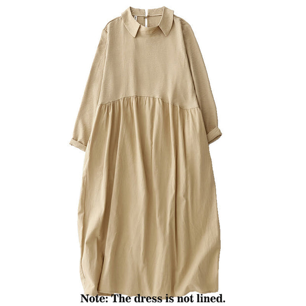 Buddha Stones Spring Plain Lapel Long Sleeve Cotton Linen Midi Dress With Pockets - image 9
