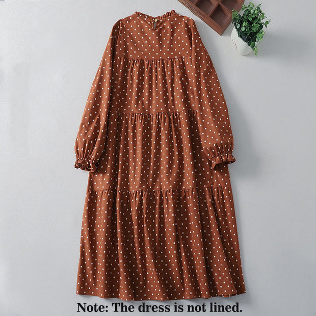 Buddha Stones Spring White Dot Pattern Ruffle Crew Neck Cotton Linen Midi Dress With Pockets - image 2