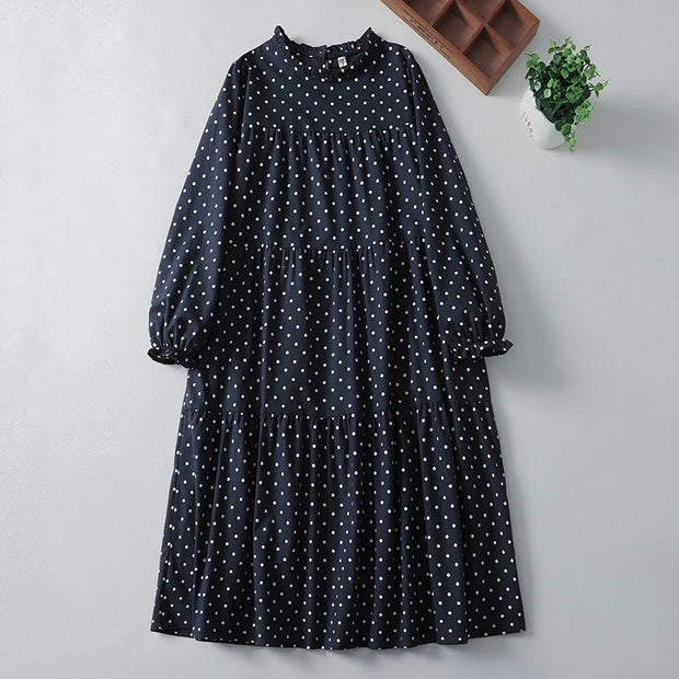 Buddha Stones Spring White Dot Pattern Ruffle Crew Neck Cotton Linen Midi Dress With Pockets - MidnightBlue - US12，UK/AU16，EU44 (2XL) - image 11