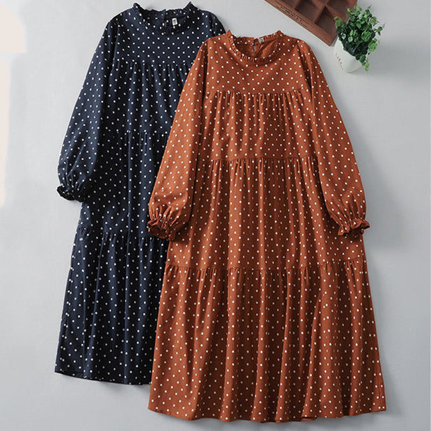 Buddha Stones Spring White Dot Pattern Ruffle Crew Neck Cotton Linen Midi Dress With Pockets - image 17