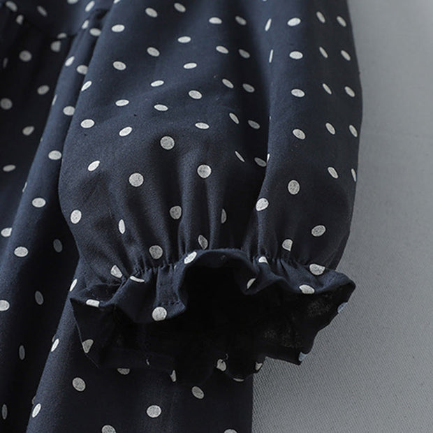 Buddha Stones Spring White Dot Pattern Ruffle Crew Neck Cotton Linen Midi Dress With Pockets - image 15