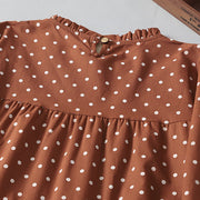 Buddha Stones Spring White Dot Pattern Ruffle Crew Neck Cotton Linen Midi Dress With Pockets - image 4