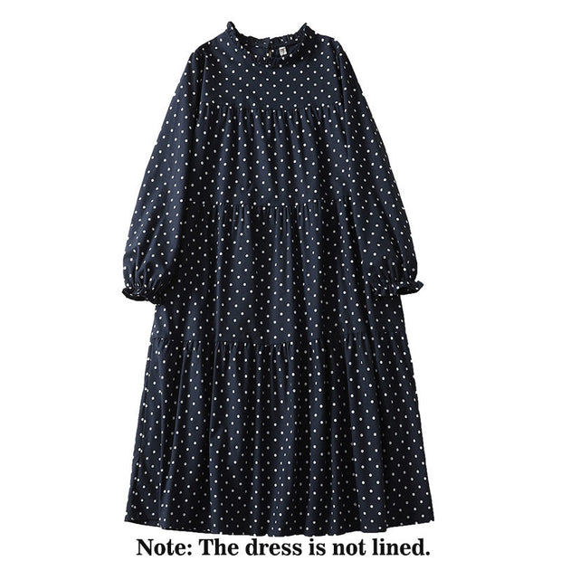 Buddha Stones Spring White Dot Pattern Ruffle Crew Neck Cotton Linen Midi Dress With Pockets - image 12
