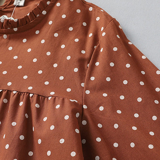 Buddha Stones Spring White Dot Pattern Ruffle Crew Neck Cotton Linen Midi Dress With Pockets - image 5