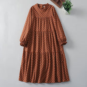 Buddha Stones Spring White Dot Pattern Ruffle Crew Neck Cotton Linen Midi Dress With Pockets - Chocolate - US12，UK/AU16，EU44 (2XL) - image 1