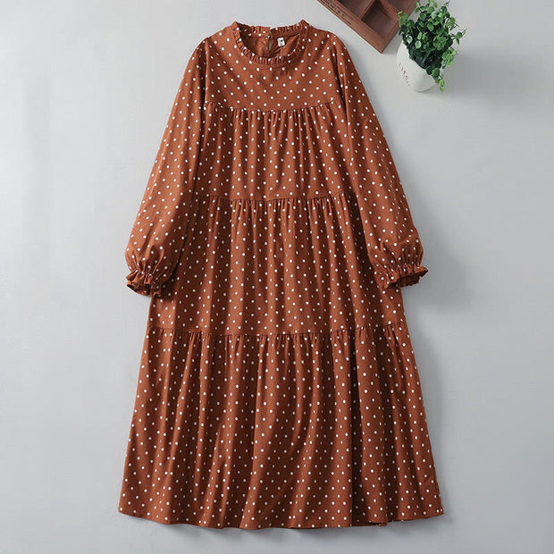 Buddha Stones Spring White Dot Pattern Ruffle Crew Neck Cotton Linen Midi Dress With Pockets - Chocolate - US12，UK/AU16，EU44 (2XL) - image 1