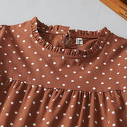 Buddha Stones Spring White Dot Pattern Ruffle Crew Neck Cotton Linen Midi Dress With Pockets - image 3
