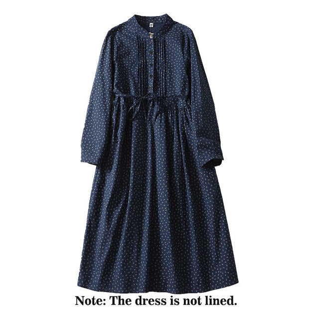 Buddha Stones Printing Floral Pattern Accordion Pleats Design Cotton Linen Midi Dress With Pockets - image 2