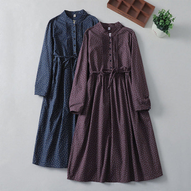 Buddha Stones Printing Floral Pattern Accordion Pleats Design Cotton Linen Midi Dress With Pockets - image 18