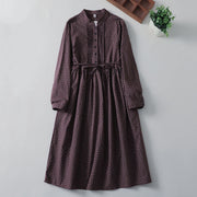 Buddha Stones Printing Floral Pattern Accordion Pleats Design Cotton Linen Midi Dress With Pockets - DarkMagenta - US8-10，UK/AU12-14，EU40-42 (2XL) - image 7