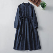 Buddha Stones Printing Floral Pattern Accordion Pleats Design Cotton Linen Midi Dress With Pockets - MidnightBlue - US8-10，UK/AU12-14，EU40-42 (2XL) - image 1
