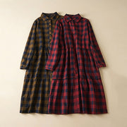 Buddha Stones Casual Contrast Color Plaid Buttons Design Cotton Linen Midi Dress With Pockets - image 22