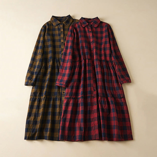 Buddha Stones Casual Contrast Color Plaid Buttons Design Cotton Linen Midi Dress With Pockets - image 22