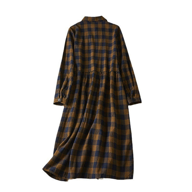 Buddha Stones Casual Contrast Color Plaid Buttons Design Cotton Linen Midi Dress With Pockets - image 11