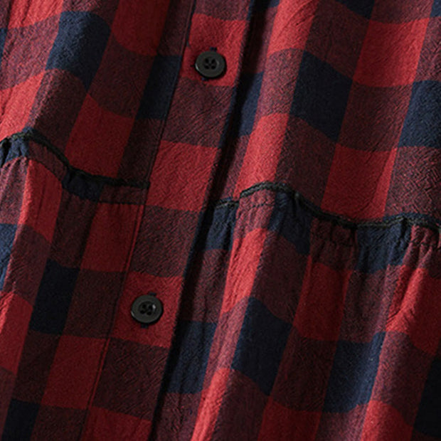 Buddha Stones Casual Contrast Color Plaid Buttons Design Cotton Linen Midi Dress With Pockets - image 15