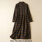 Buddha Stones Casual Contrast Color Plaid Buttons Design Cotton Linen Midi Dress With Pockets - image 2
