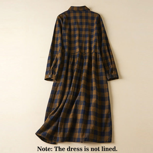 Buddha Stones Casual Contrast Color Plaid Buttons Design Cotton Linen Midi Dress With Pockets - image 2