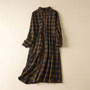 Buddha Stones Casual Contrast Color Plaid Buttons Design Cotton Linen Midi Dress With Pockets - DarkGoldenrod - US8-10，UK/AU12-14，EU40-42 (2XL) - image 1