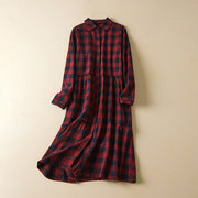 Buddha Stones Casual Contrast Color Plaid Buttons Design Cotton Linen Midi Dress With Pockets - Red - US8-10，UK/AU12-14，EU40-42 (2XL) - image 12