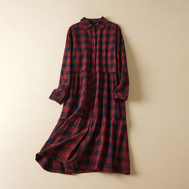 Buddha Stones Casual Contrast Color Plaid Buttons Design Cotton Linen Midi Dress With Pockets - Red - US8-10，UK/AU12-14，EU40-42 (2XL) - image 12