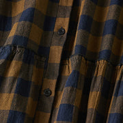 Buddha Stones Casual Contrast Color Plaid Buttons Design Cotton Linen Midi Dress With Pockets - image 5