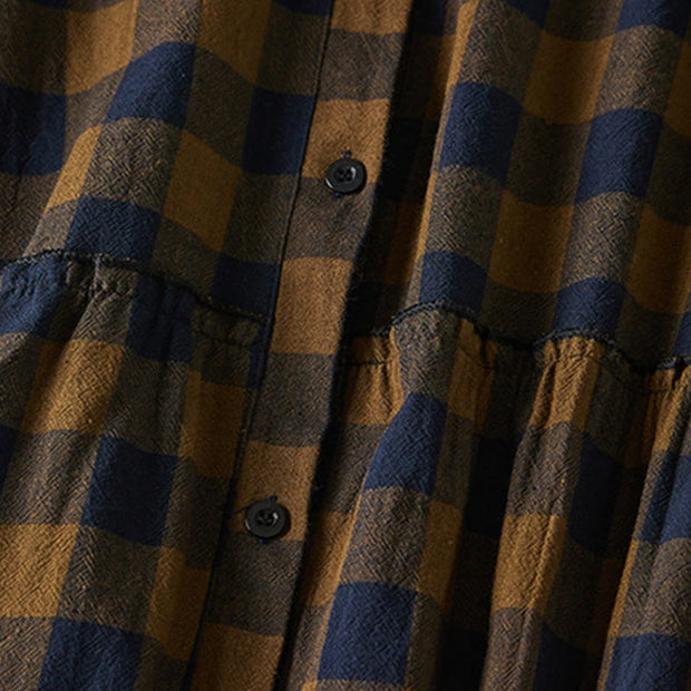 Buddha Stones Casual Contrast Color Plaid Buttons Design Cotton Linen Midi Dress With Pockets - image 5