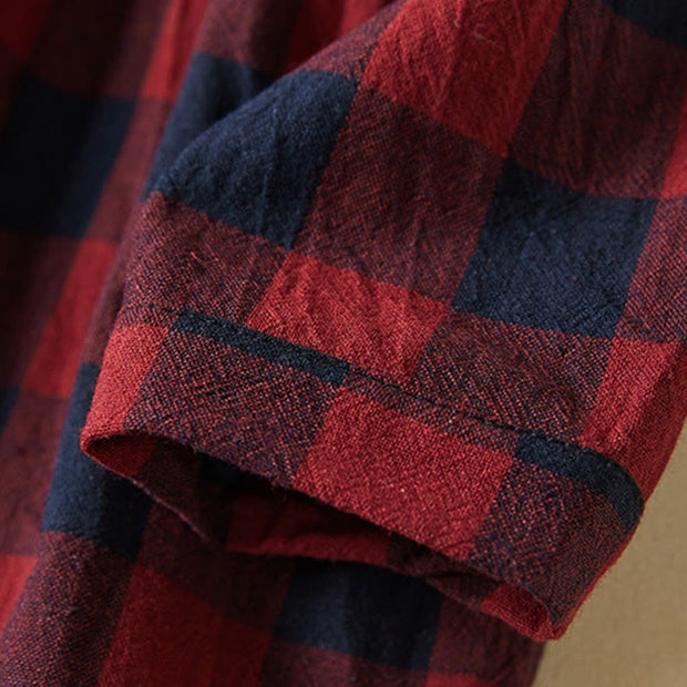 Buddha Stones Casual Contrast Color Plaid Buttons Design Cotton Linen Midi Dress With Pockets - image 20