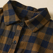 Buddha Stones Casual Contrast Color Plaid Buttons Design Cotton Linen Midi Dress With Pockets - image 3
