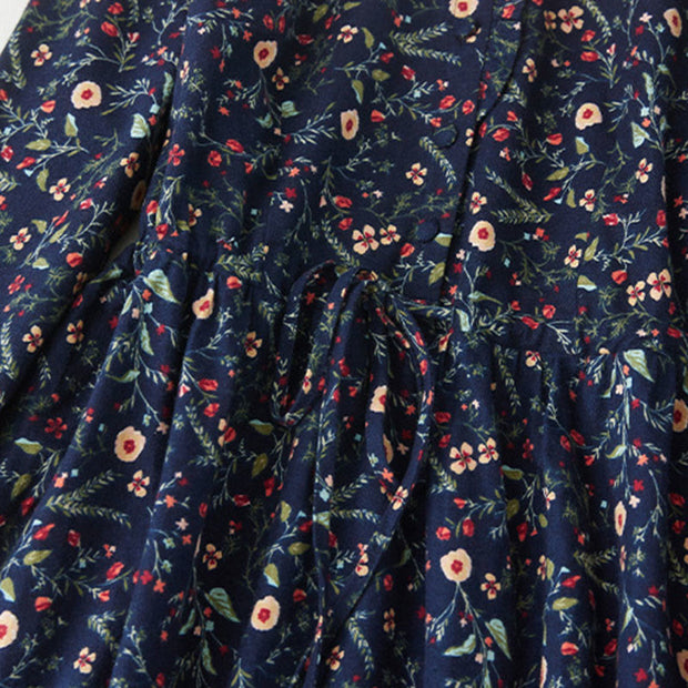 Buddha Stones Ethnic Printing Floral Lace-Up Design Cotton Linen Midi Dress - image 5