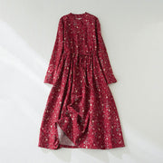 Buddha Stones Ethnic Printing Floral Lace-Up Design Cotton Linen Midi Dress - Crimson - US8-10，UK/AU12-14，EU40-42 (2XL) - image 9