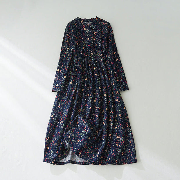 Buddha Stones Ethnic Printing Floral Lace-Up Design Cotton Linen Midi Dress - MidnightBlue - US8-10，UK/AU12-14，EU40-42 (2XL) - image 1