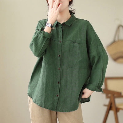 Buddha Stones Casual Plain Women's Cotton Linen Long Sleeve Shirt - SeaGreen - US14，UK/AU18，EU46 (2XL) - image 1