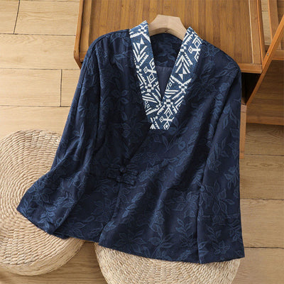 Buddha Stones Casual Jacquard Frog-Button Women's Cotton Linen Shirt - MidnightBlue - US12，UK/AU16，EU44 (2XL) - image 1