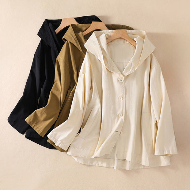Buddha Stones Pure Color Hooded Buttons Women's Cotton Jacket With Pockets - image 1