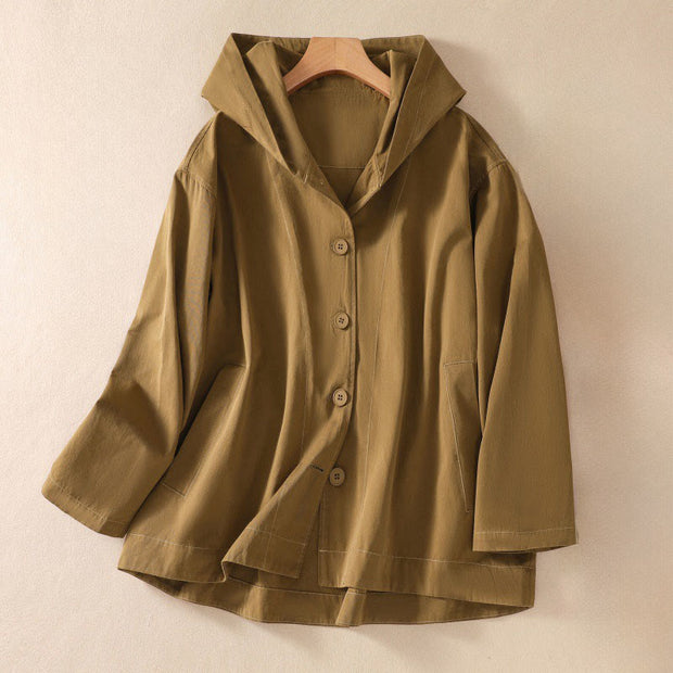 Buddha Stones Pure Color Hooded Buttons Women's Cotton Jacket With Pockets - DarkGoldenrod - US14，UK/AU18，EU46 (2XL) - image 2