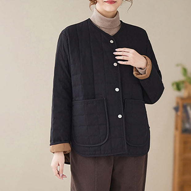 Buddha Stones Retro Plain Women's Thick Cotton Coat Jacket With Pockets - image 4